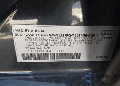 2012 Audi A4 2.0T Premium z USA, uszkodzony, nr VIN WAUFFBFL5CA118837